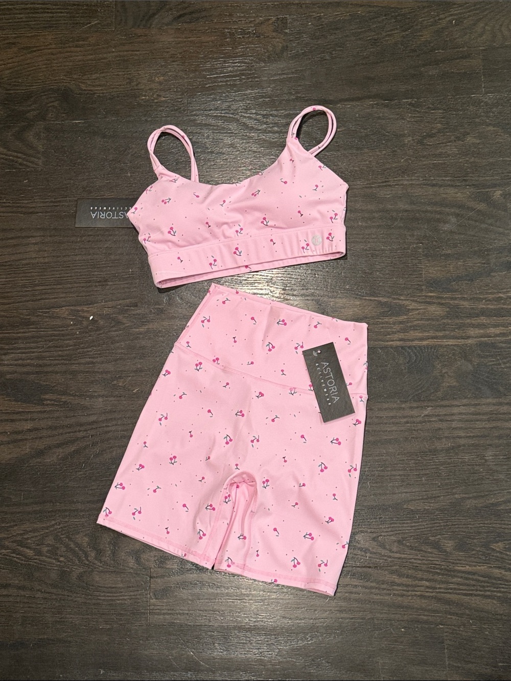 Pink Cherry Print Scrunch Athletic High-Waisted Shorts & Sports Bra